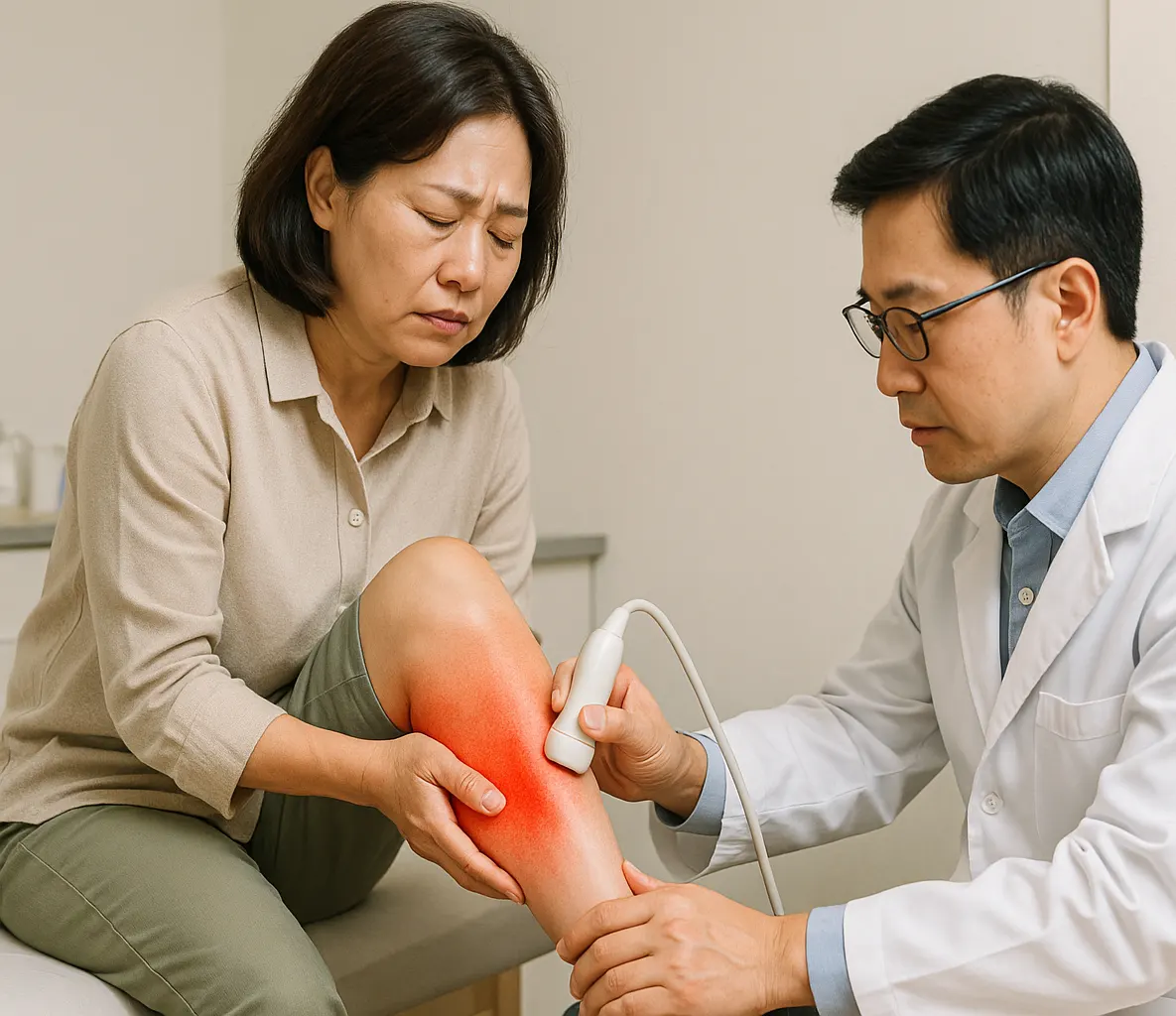 왼쪽 종아리 초음파 진료 장면