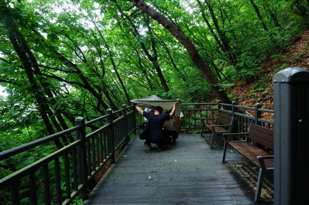 계단에서 천막을 두 손으로 펼쳐들고 어린이들 비 피해주는 남성 1,