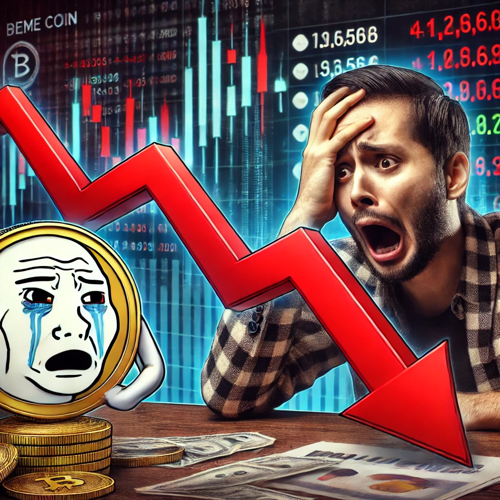 "밈코인 가격 하락을 보여주는 금융 차트. 투자자가 머리를 감싸 쥐고 좌절하는 모습과 붉은색 하락 그래프."