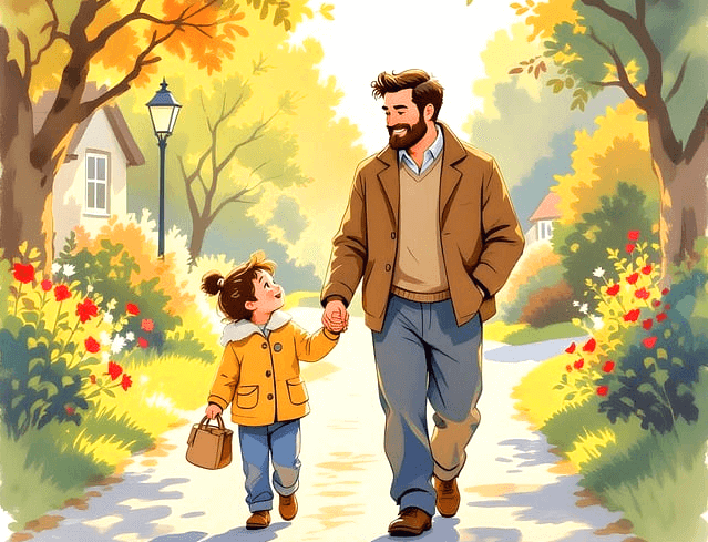 아바와 어린 딸이 손을 잡고 서로 웃으면서 바라보면서 길을 걷는다. 주변엔 에쁜 빨간꽃, 하얀꽃들이 가득 피었고 단풍나무도 많다.