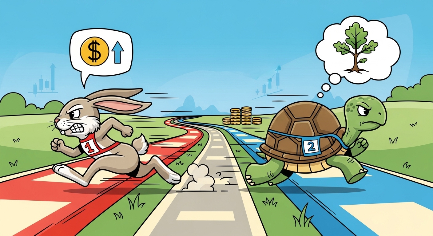 안정적인 거북이와 빠른 토끼가 함께 달리는 모습의 비유
