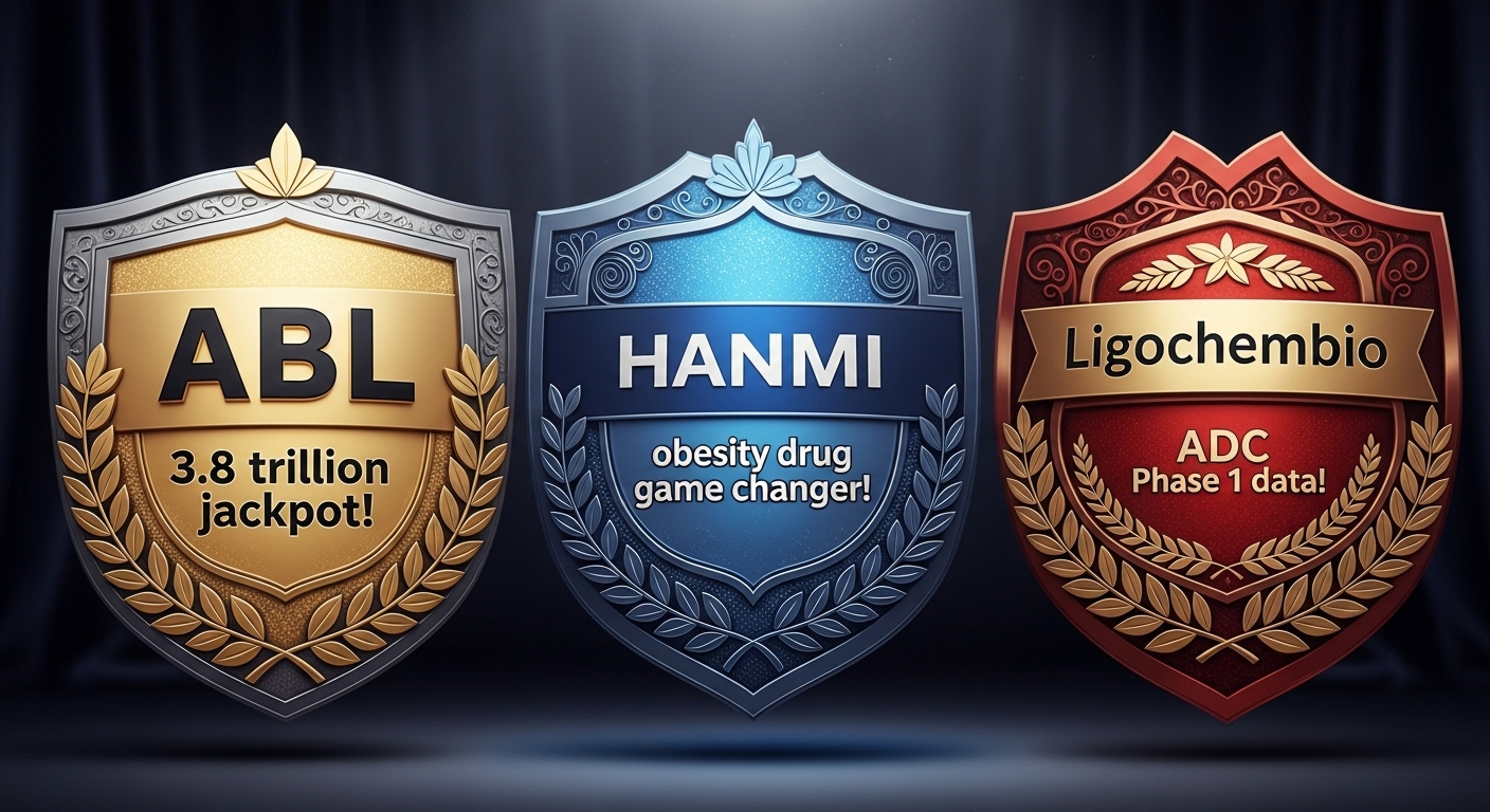 '에이비엘바이오(3.8조)', '한미약품(비만약)', '리가켐바이오(ADC)' 3대장 로고와 핵심 키워드