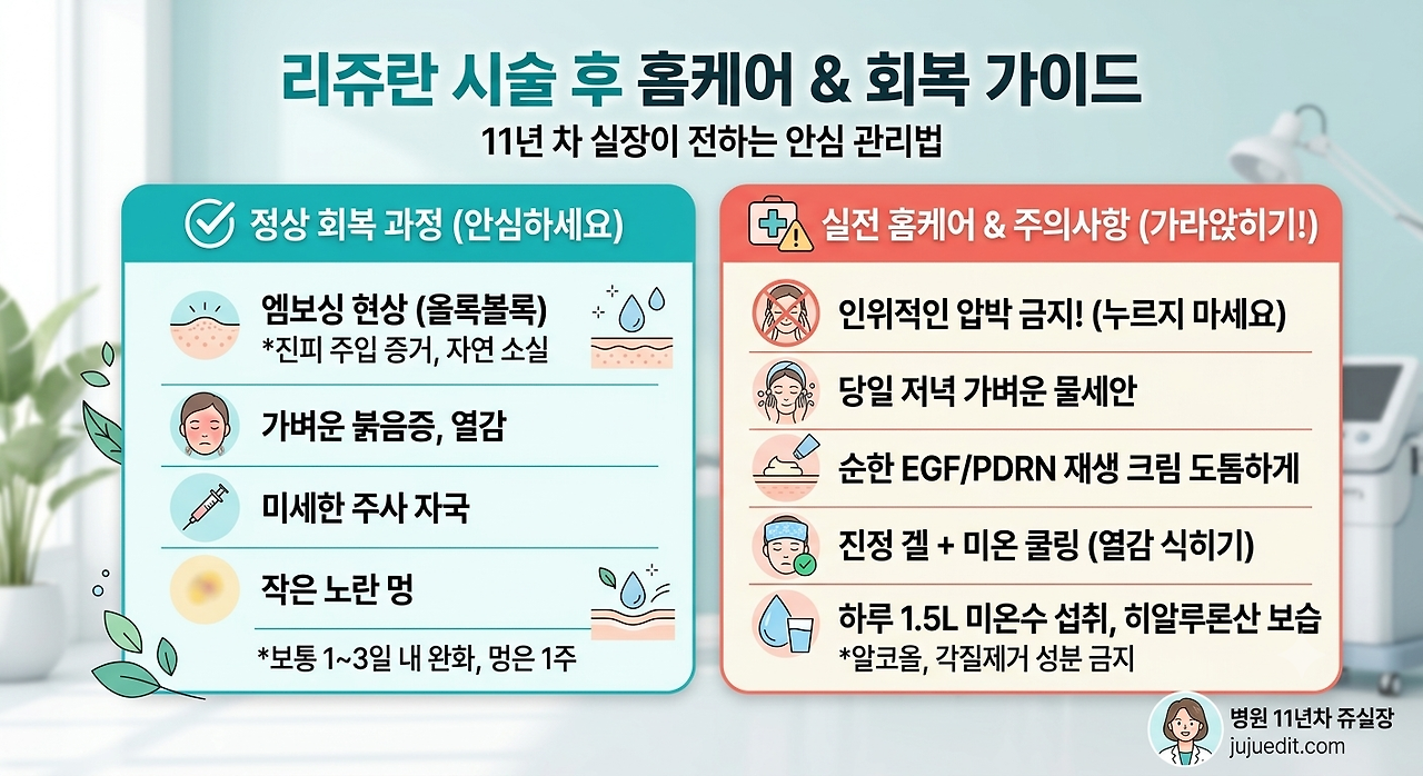 리쥬란 시술 후 나타나는 엠보싱 현상 등 정상 회복 과정과 실전 홈케어 주의사항 안내 인포그래픽