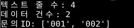 실제 터미널 출력: 텍스트 줄 수 4, 데이터 건수 2, 문의ID 001과 002