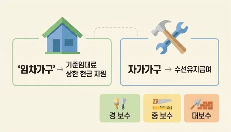임차가구와 자가가구로 나뉘는 2026 주거급여 지원구조 인포그래픽