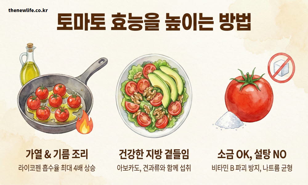 토마토 효능을 일상에서 더욱 효과적으로 흡수하고 극대화하여 높이는 방법을 요약한 이미지