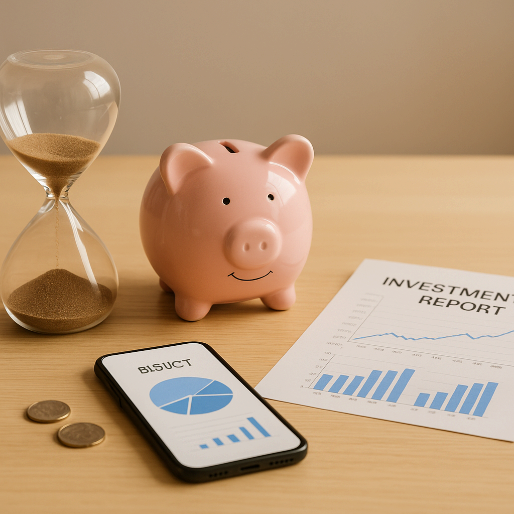 모래시계와 저금통이 함께 놓인 장기 투자 상징 이미지