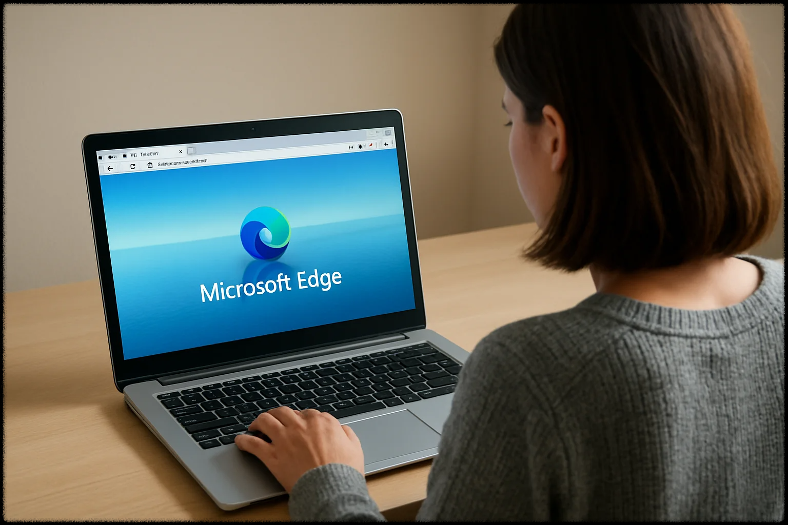 엣지 브라우저를 사용하는 여성의 뒷모습