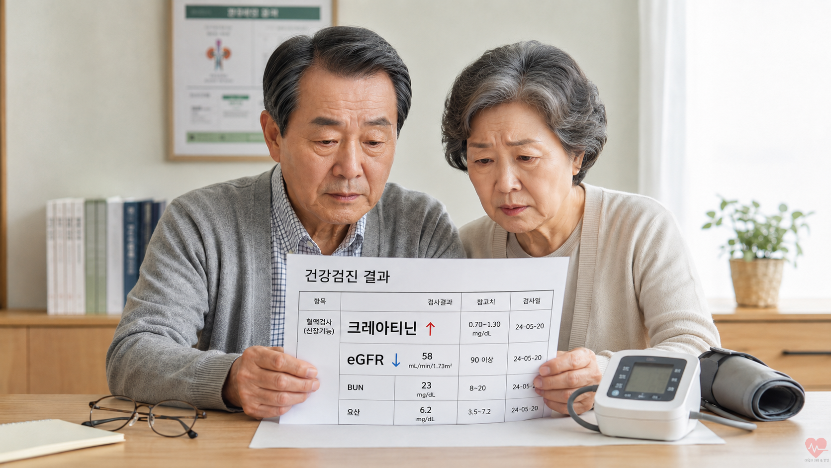 건강검진에서 신장수치 이상을 확인하는 노부부