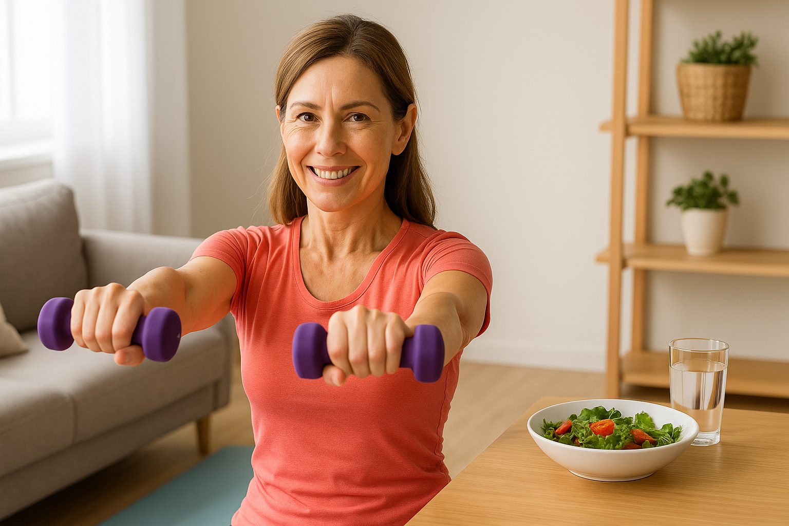 2025 여름 대비 홈트레이닝과 식단 관리로 다이어트에 집중하는 40대 여성의 밝고 건강한 모습