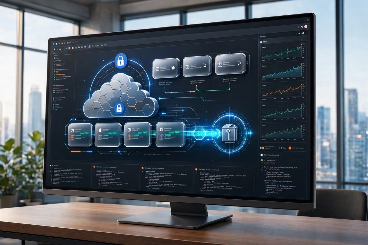 A computer monitor displaying secure enterprise cloud encryption and data privacy frameworks.