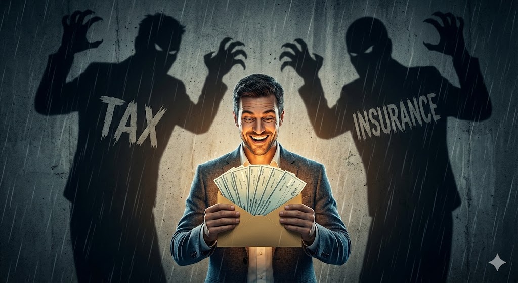 배당금 봉투를 든 투자자 뒤로 '종합소득세'와 '건보료'라는 거대한 그림자가 드리워진 일러스트