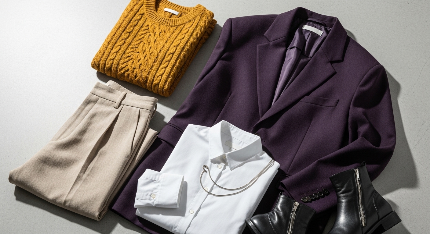 2025 F/W 젠더리스 패션을 위한 오버사이즈 블레이저, 와이드 팬츠, 니트 등 핵심 아이템들을 깔끔하게 배열한 플랫 레이 이미지.