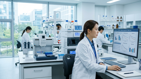 제약 연구소에서 한미약품 기술수출 대상 비만신약 후보물질을 연구하는 연구원