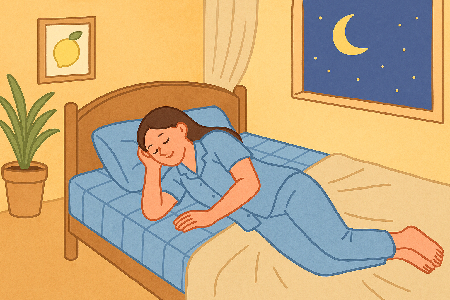 여름철 시원한 쿨매트와 통풍이 잘 되는 면 잠옷을 입고 편안하게 잠든 여성 모습