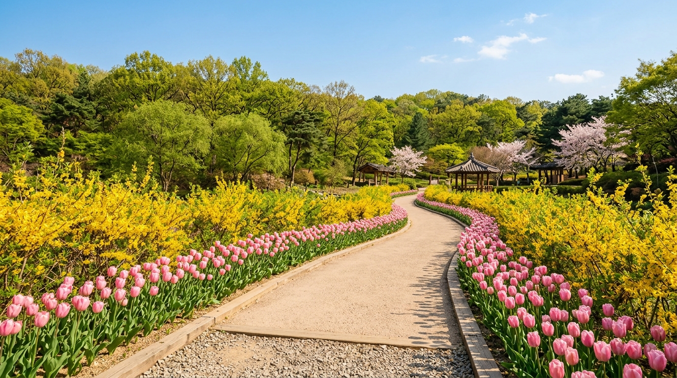 창원수목원 봄 정원 - 튤립과 개나리가 만개한 따뜻한 봄 산책로