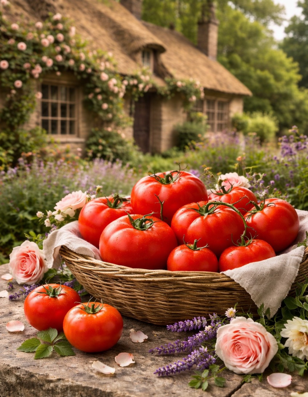 꽃이 놓인 유럽풍 정원 테이블 위 바구니에 담긴 붉은 토마토 이미지