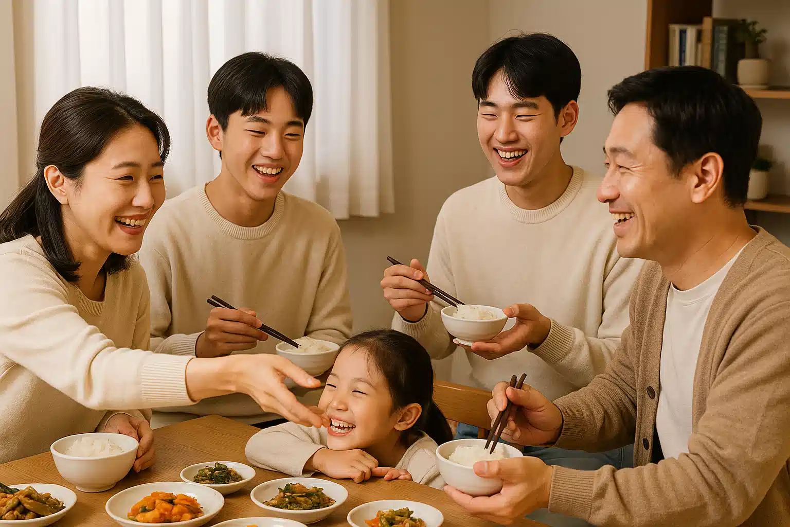 식사 자리에서 가족이 서로 웃으며 배려하는 모습