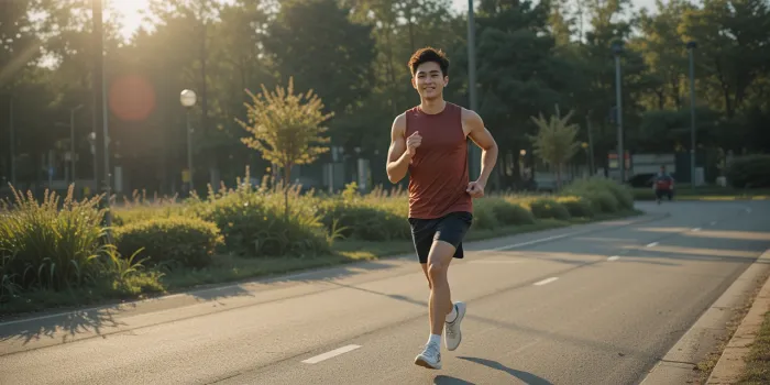 아침 햇살 아래 스트레칭하는 남성