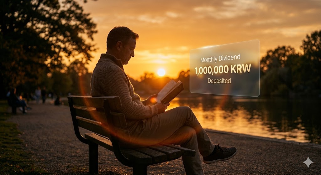 노을 공원에서 여유롭게 책 읽는 아빠와 입금 완료 팝업창