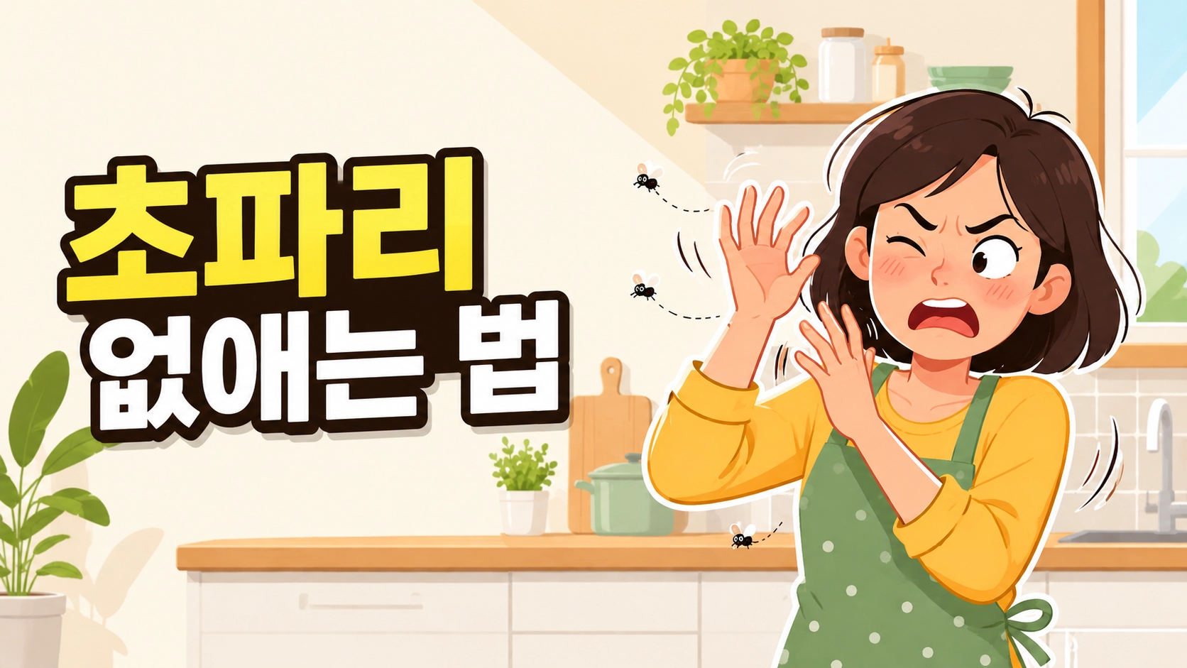 대표이미지. 자기 얼굴 앞을 맴도는 작은 초파리 두 세마리를 향해 손을 휘저으며 짜증스러운 표정을 짓는 사람과 오버레이 텍스트 '초파리 없애는 법'