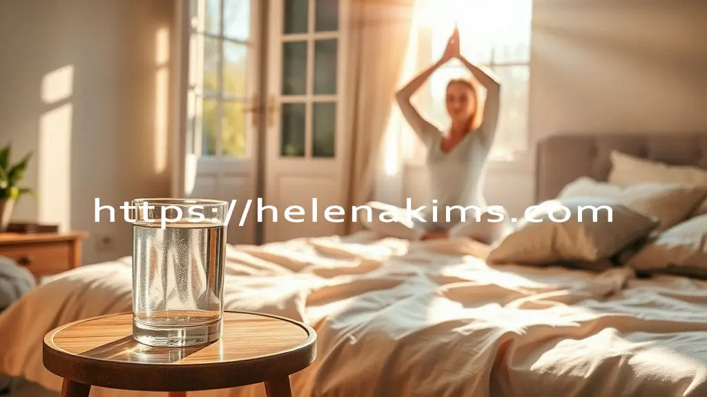 둥근 작은 탁자 위에 물 한 잔이 놓여 있고, 그 옆에는 한 여성이 아침 스트레칭을 하고 있는 모습.