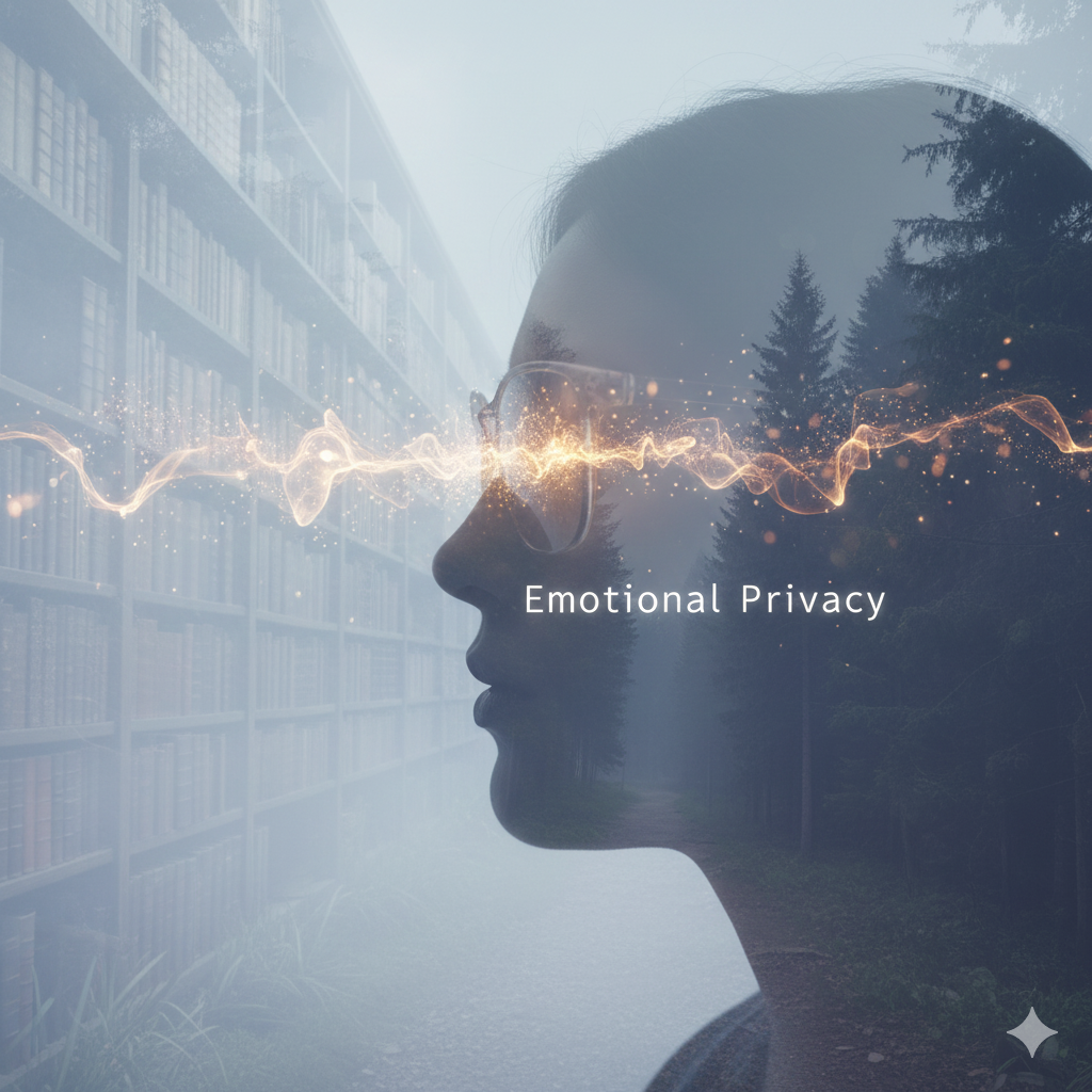 감정 데이터를 분석하는 AI와 인간의 정서적 프라이버시를 상징하는 이미지