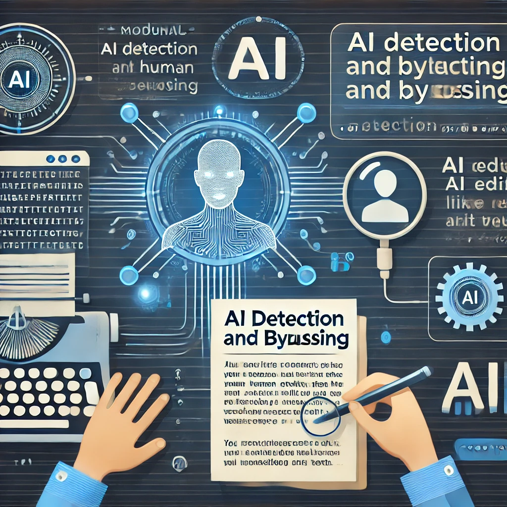AI 감지 및 우회 기술을 묘사한 일러스트레이션, 텍스트 분석이 가능한 미래형 인터페이스, 텍스트를 수동으로 수정하는 인간 편집자, 빛나는 AI 기반 쓰기 도구를 특징으로 하는 기술은 기술과 창의성의 통합을 상징합니다
