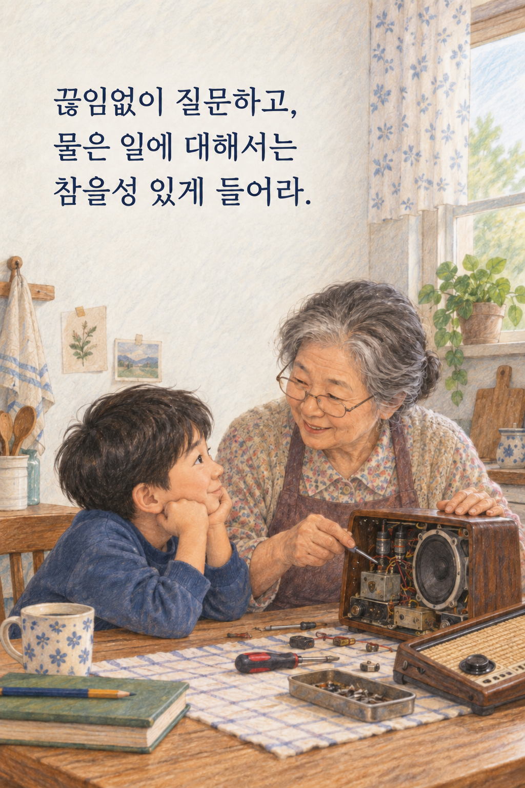 끊임없이 질문하고, 물은 일에 대해서는 참을성 있게 들어라. 문구가 담긴 세로형 이미지