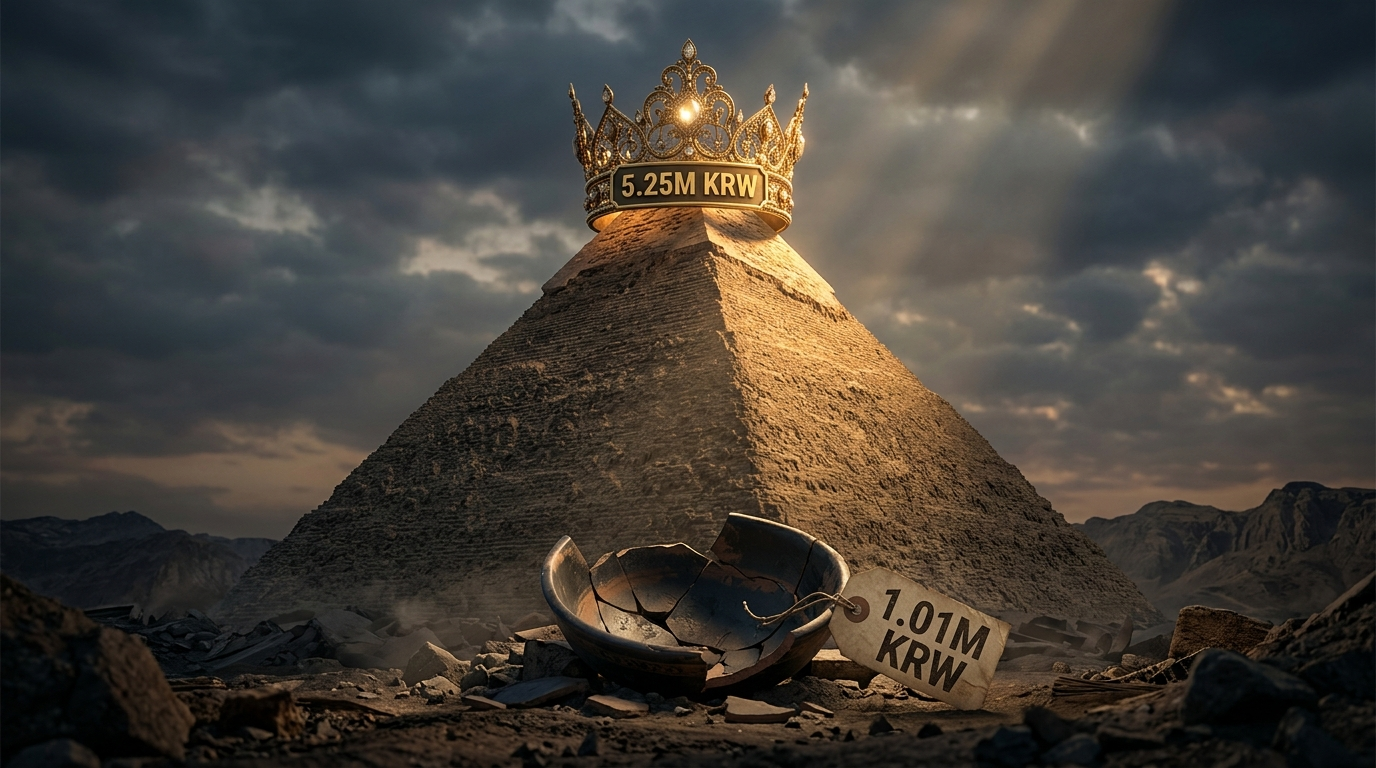 피라미드 꼭대기에는 '월 525만 원' 황금 왕관이, 바닥에는 '월 101만 원' 깨진 밥그릇이 그려진 3D 그래픽. "당신의 위치는?"이라는 강렬한 문구 포함