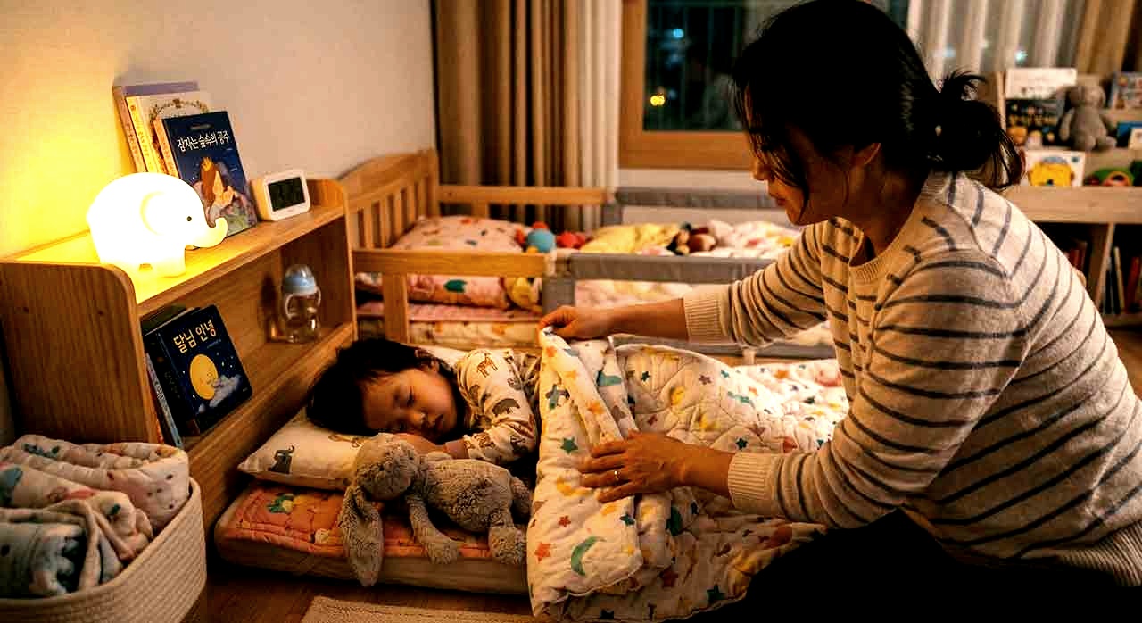 침대 주변을 정리하며 아이의 수면 환경을 살피는 보호자의 손 모습이다. [ⓒ이달의건강]