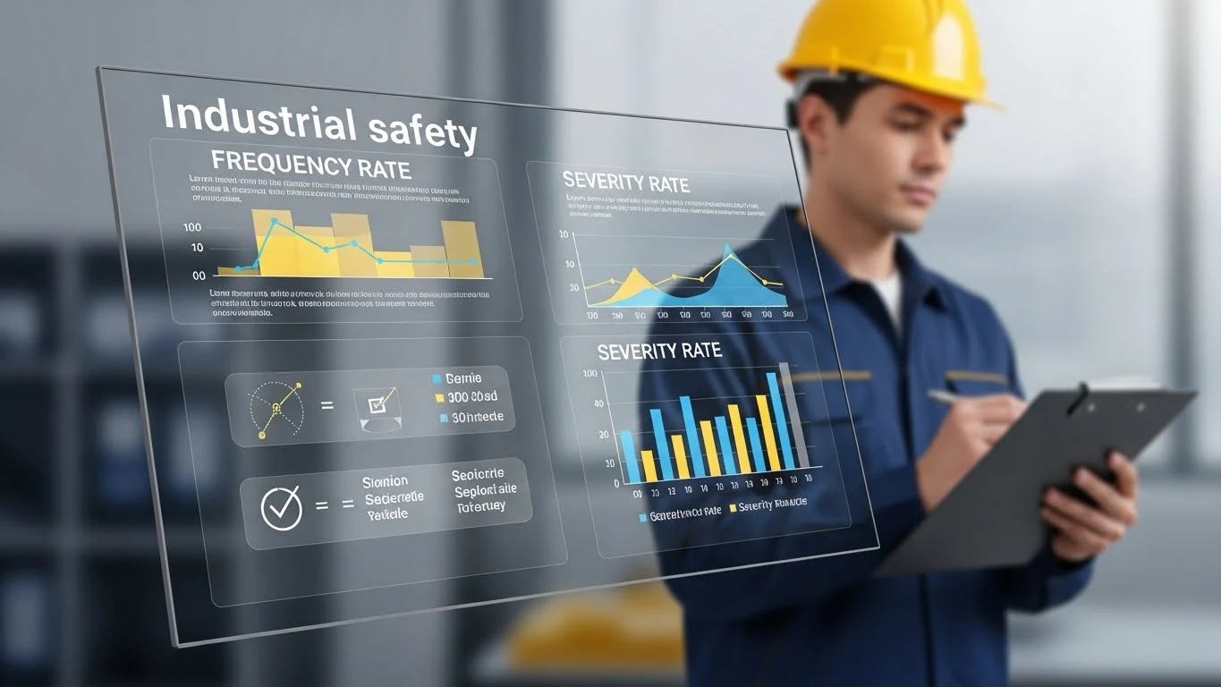 안전 관리자가 현장을 배경으로 디지털 화면 속 도수율, 강도율 등 산업 재해율 공식과 관련 차트를 확인하는 이미지.