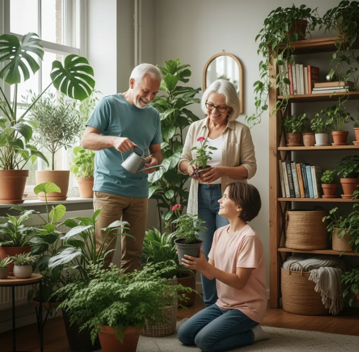 시니어 부모님을 위한 초록빛 일상을 가꾸기 위해 거실에서 자녀와 함께 반려식물을 정성껏 돌보며 생활의 활력을 찾는 행복한 가족의 모습