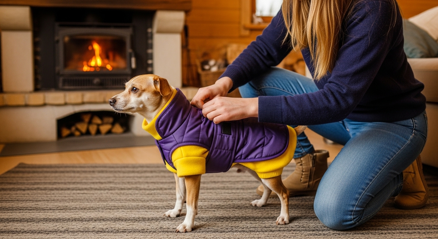 겨울철 제주 독채 펜션 실내에서 따뜻한 옷을 입혀주는 사람과 강아지의 모습.