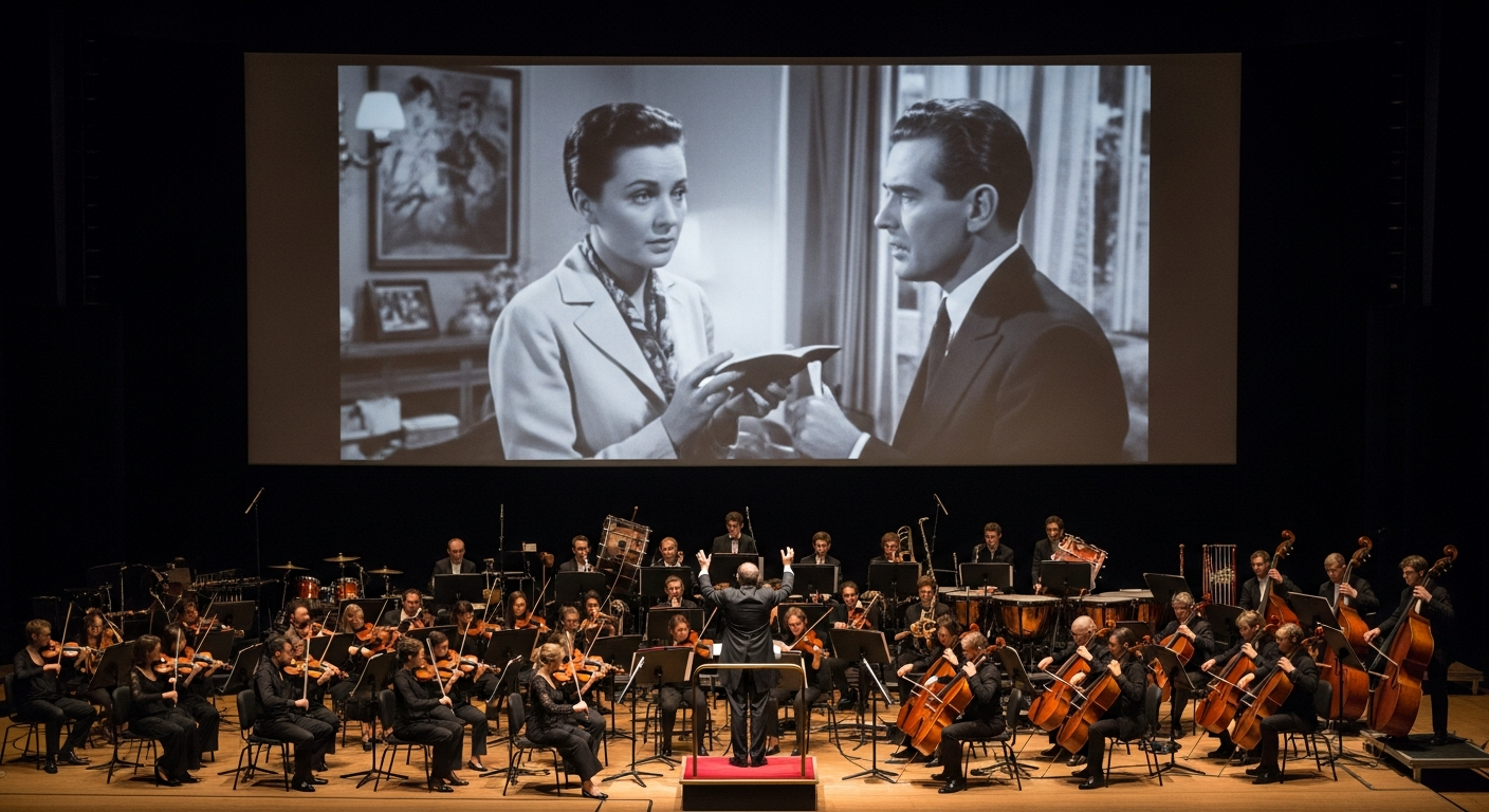 영화 스크린 앞에서 연주하는 오케스트라의 웅장한 모습
