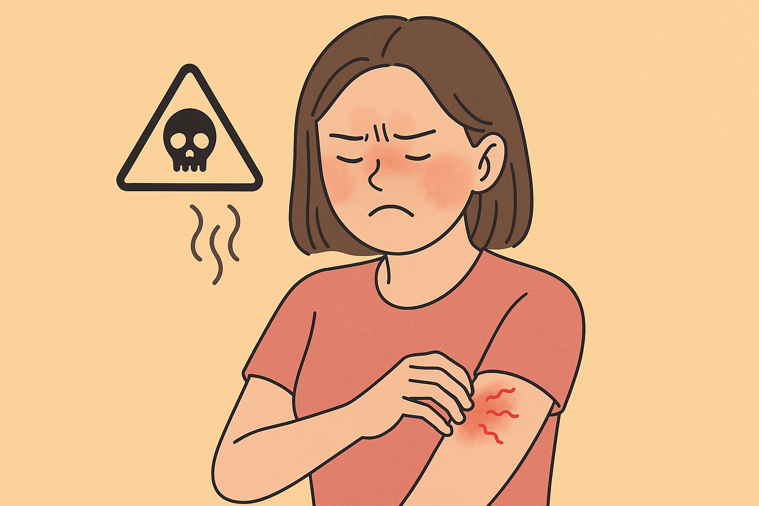 새 옷에 남은 유해물질로 인해 팔에 피부 트러블이 생긴 여성이 불편함을 느끼는 모습