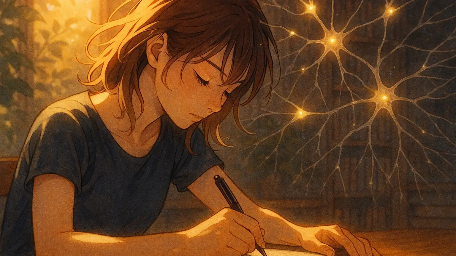 따뜻한 황금빛 배경에 감사 일기를 쓰고 있는 사람의 모습과 뇌의 긍정적 변화를 나타내는 일러스트