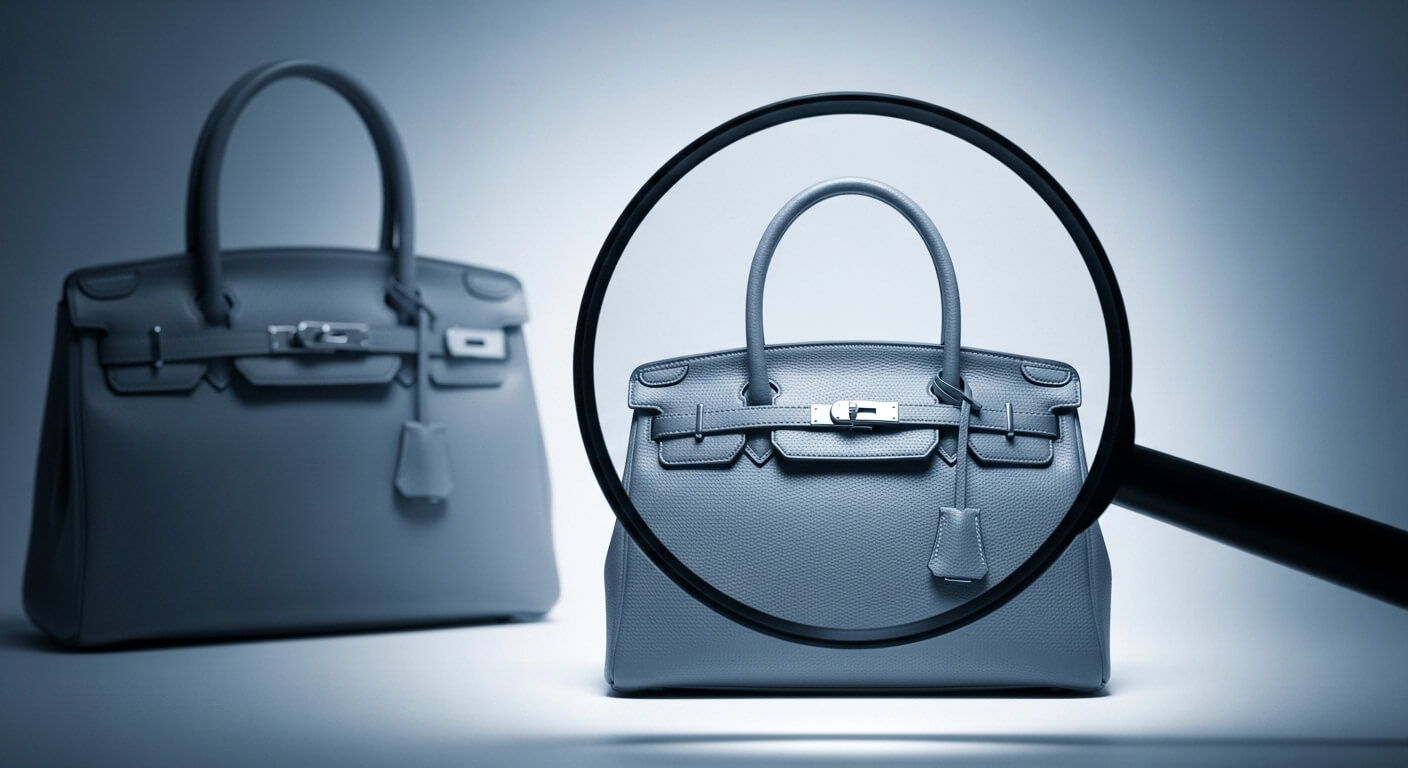 비슷하게생긴 2 개의 가방이 있고 돋보기로 하나를 주시 하고 있는 사진