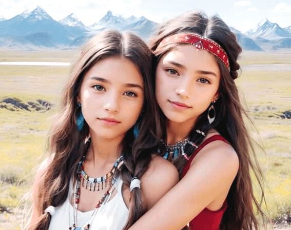 예쁜 긴 머리 두 소녀가 얼싸안고 정면을 지그시 바라보는 모습으로 뒤에는 푸른 초원이 있다.