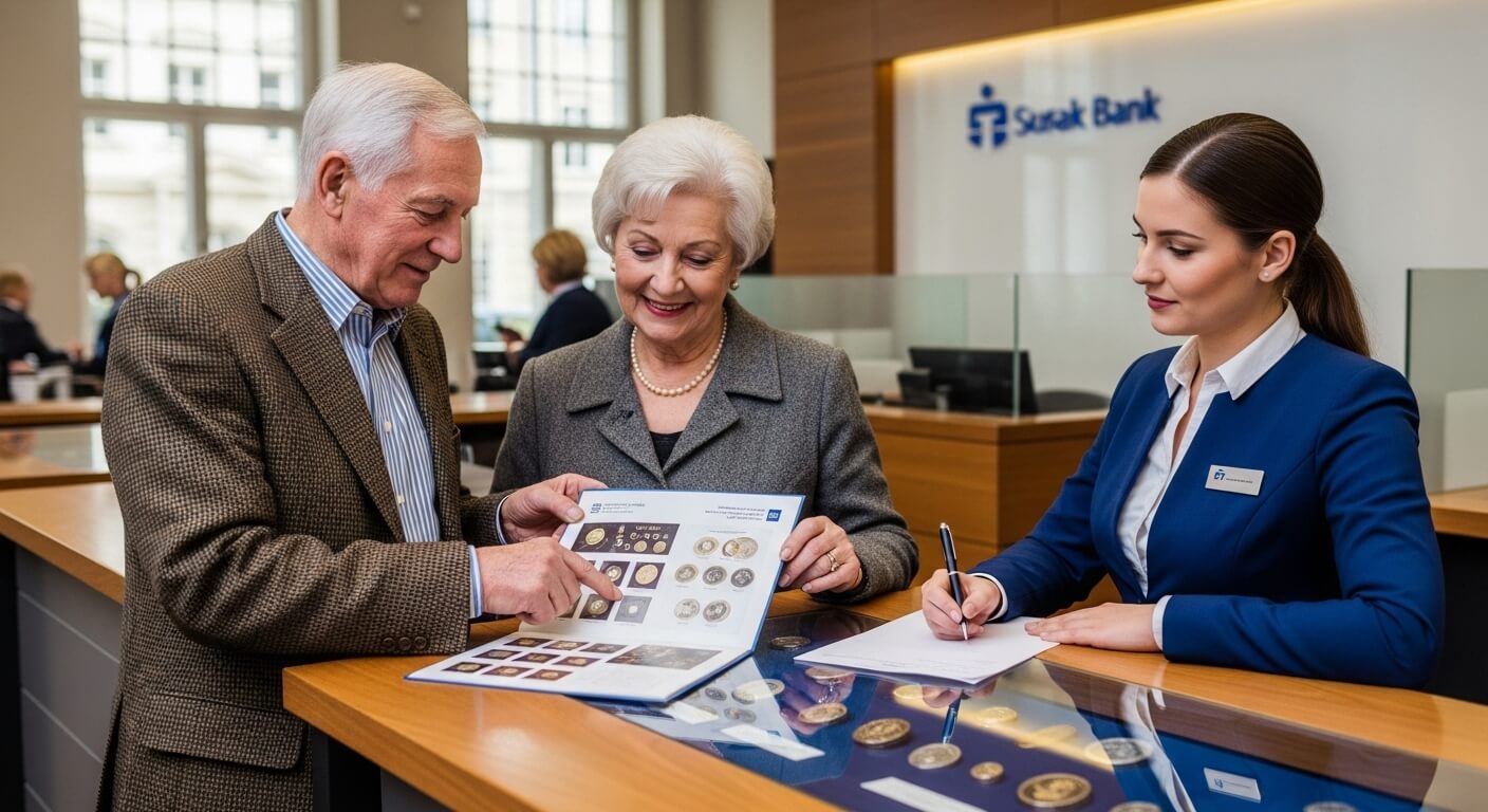 은행 창구에서 노부부가 직원과 함께 기념주화 안내 책자를 보며 예약 상담하는 모습