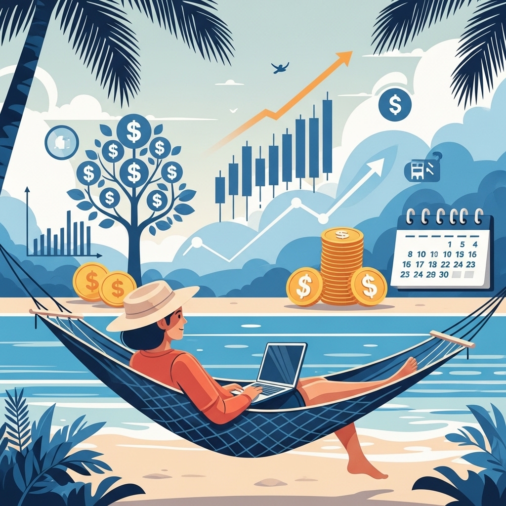 해변에서 해먹에 누워 여유롭게 노트북을 보고 있는 은퇴자의 모습과 성장하는 금융 그래프가 어우러져 월 300만원 연금으로 맞이하는 행복한 노후를 상징하는 이미지