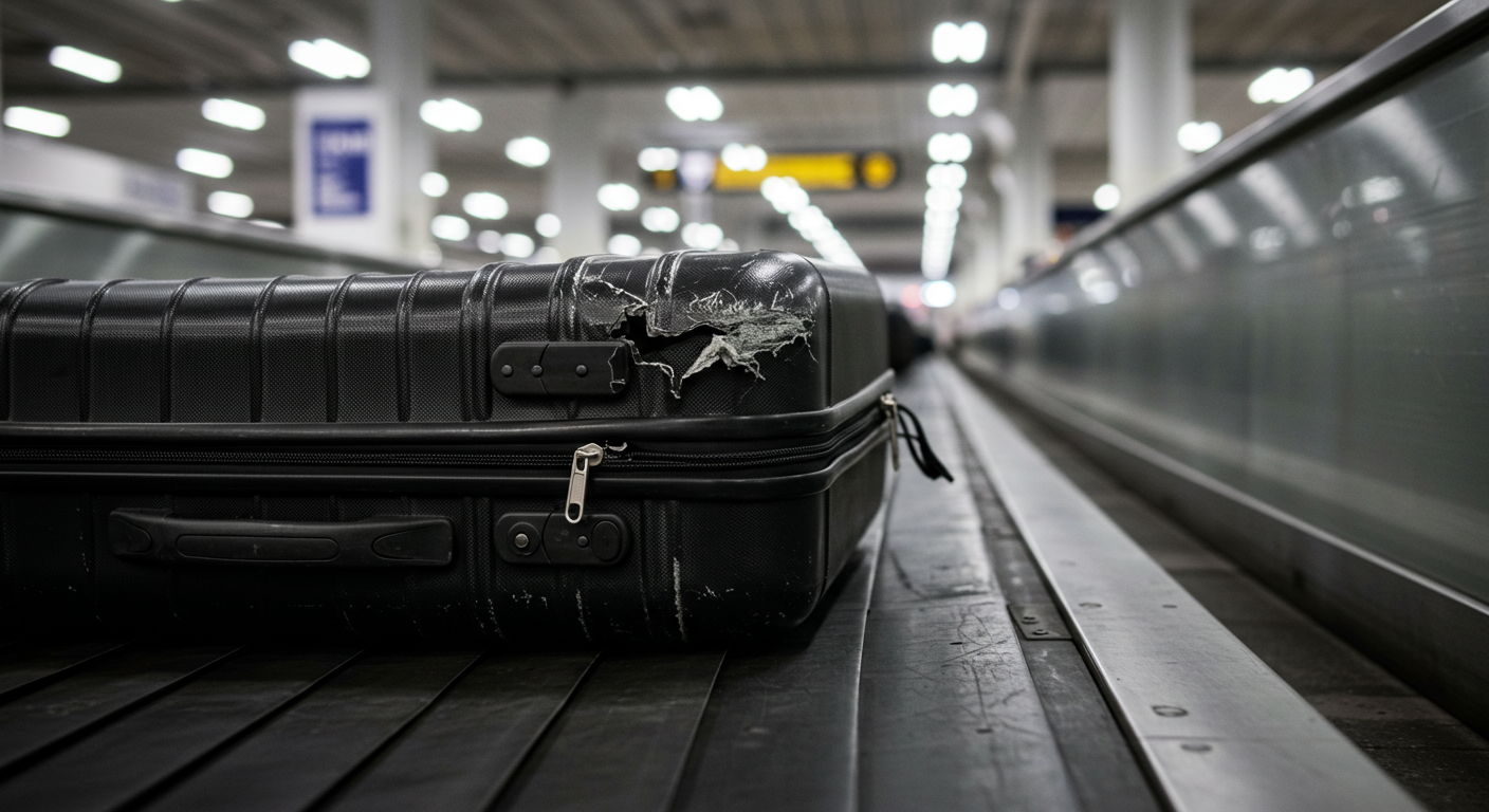 공항 수하물 벨트 위 파손된 검은색 여행 가방 클로즈업.