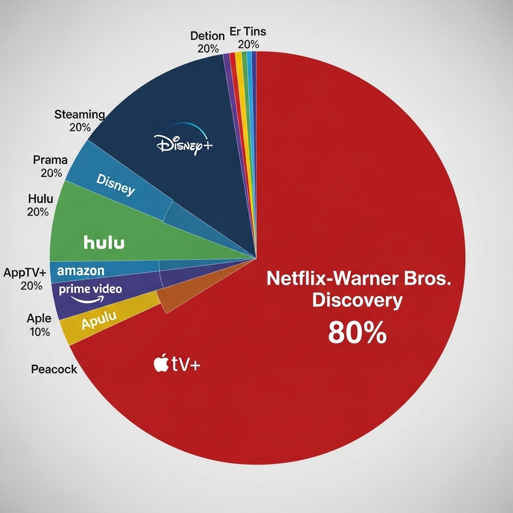 넷플릭스와 워너 브라더스 디스커버리 합병 후 스트리밍 시장 점유율이 넷플릭스 중심으로 재편되는 것을 보여주는 파이 차트. 거대한 단일 점유율이 다른 서비스들을 압도하는 모습입니다.