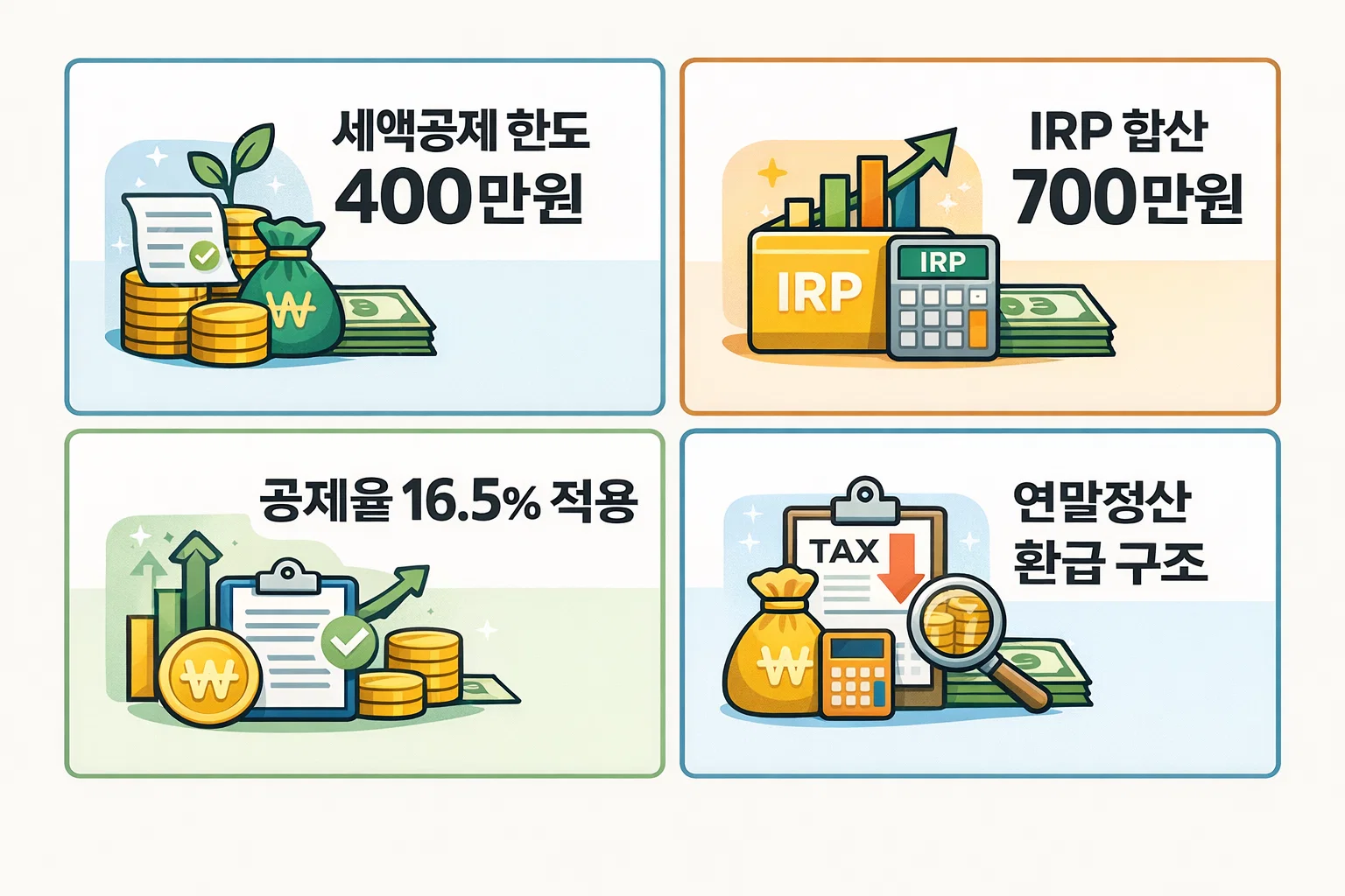 연금저축보험 세액공제 한도 400만원, IRP 합산 시 700만원 적용 구조를 설명하는 인포그래픽