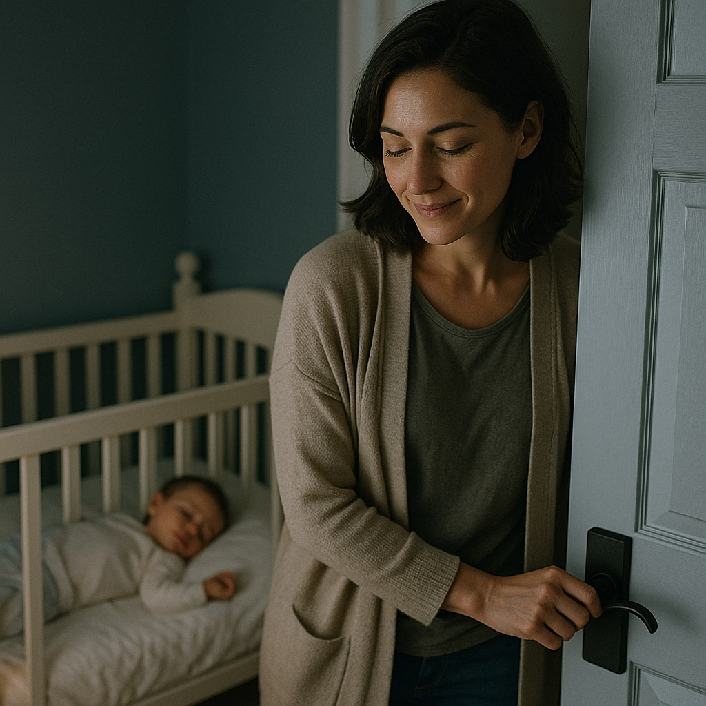 아이를 재우고 나오는 부모 사진