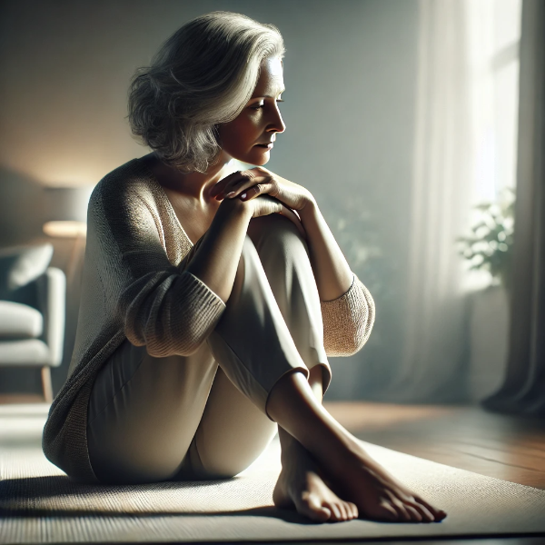 무릎을 잡고 고민하고 있는 여성