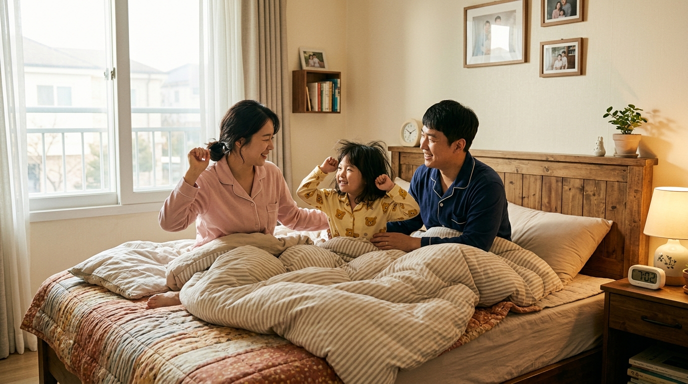 규칙적인 수면 습관을 실천하는 한국인 가족