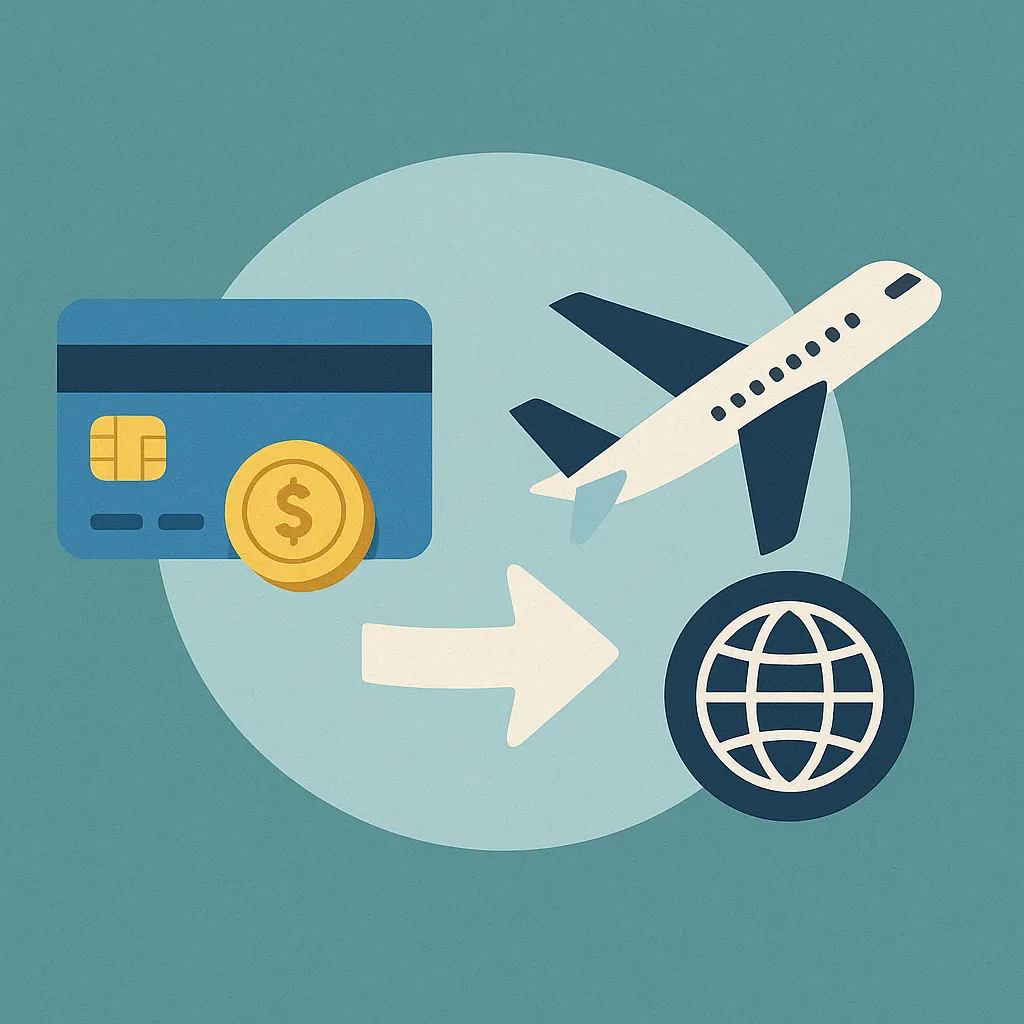 신용카드와-비행기,-지구본이-함께-표현된-이미지로,-카드-포인트를-항공-마일리지로-전환하는-과정과-그-효율성을-시각적으로-나타낸-금융-일러스트