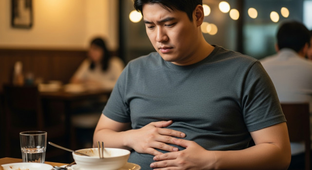 복부를 눌러보는 남성