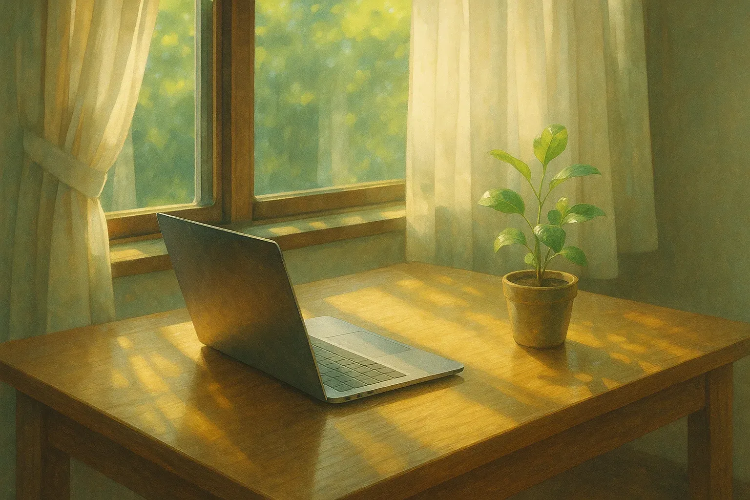 부드러운 햇살이 들어오는 창가, 깔끔하게 정돈된 원목 책상 위에는 노트북과 작은 식물 화분 하나만 놓여 있어 평온하고 집중된 분위기를 자아내는 고화질 이미지